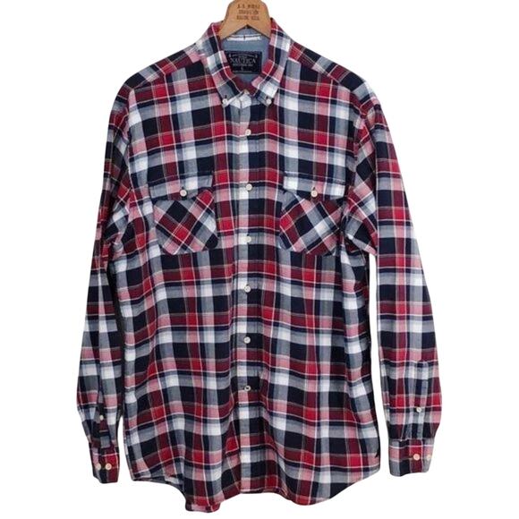 Nautica Men's Plaid Button Down Shirt L Red & Black Long Sleeve Cotton Pockets - Picture 1 of 6